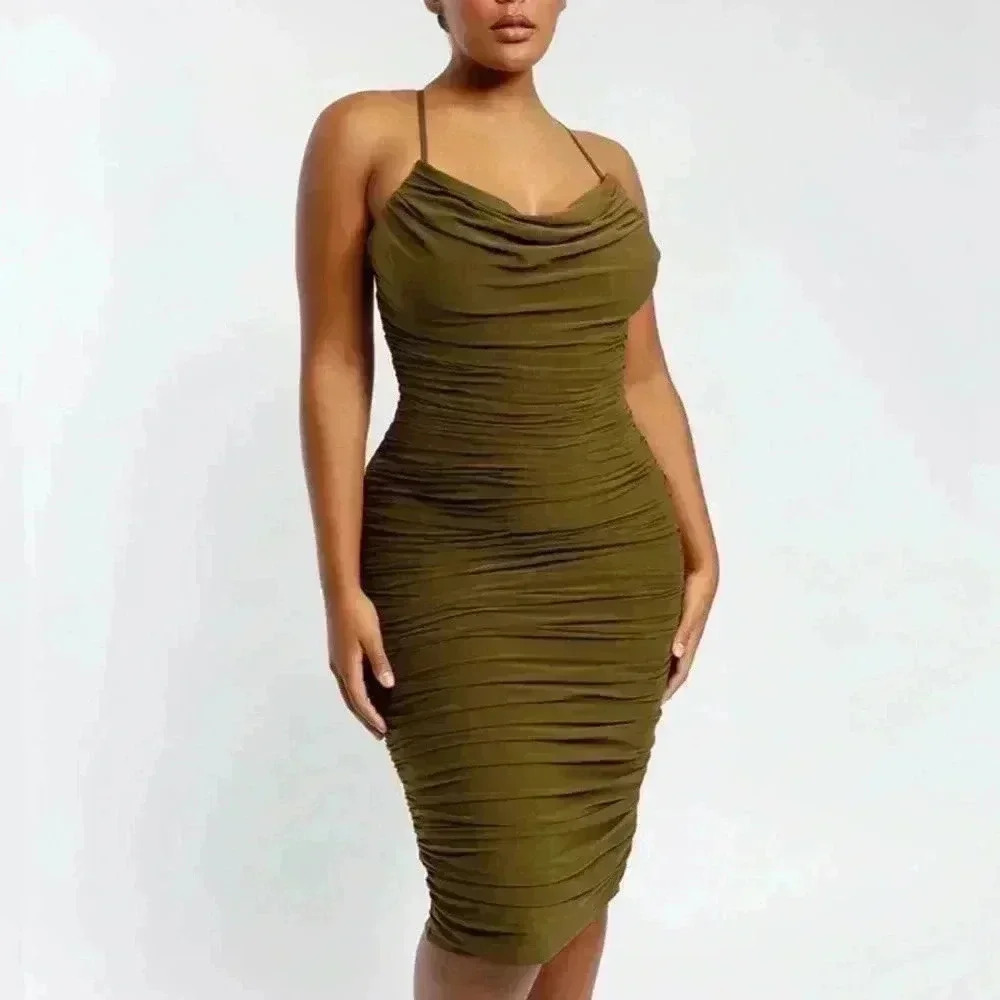 Olive Ruched Cowl Neck Midi Dress